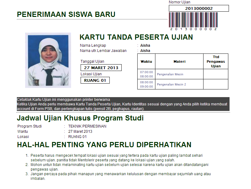 PSB Online Cetak Kartu Ujian 