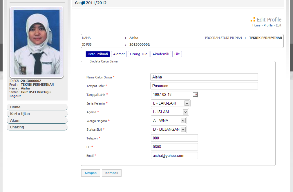 PSB Online Edit Profile Calon Siswa