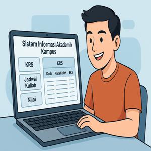 Sebuah layar komputer dengan tampilan antarmuka SIAK, menampilkan menu utama seperti "KRS", "Jadwal Kuliah", dan "Nilai"